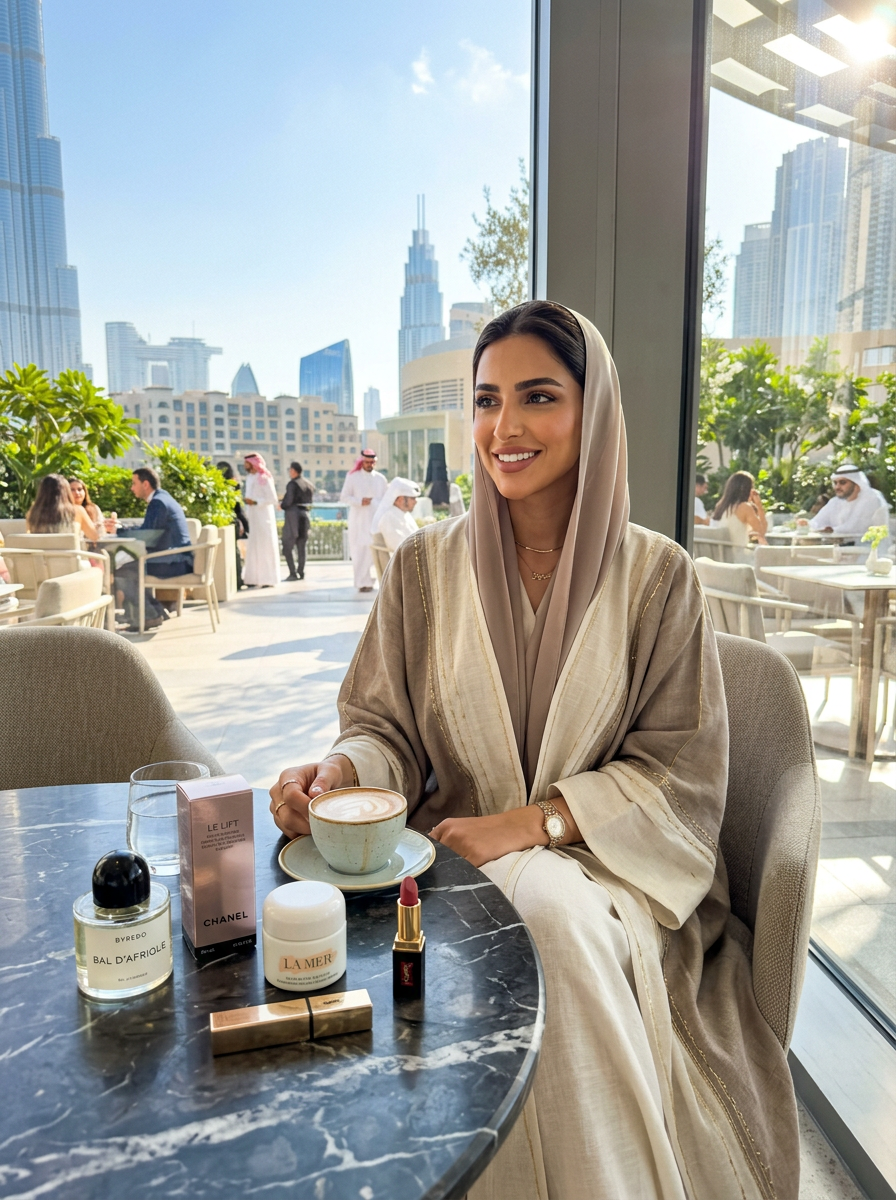 Elegant Gulf woman exploring beauty products suitable for hot and humid weather in Dubai and the Gulf region.