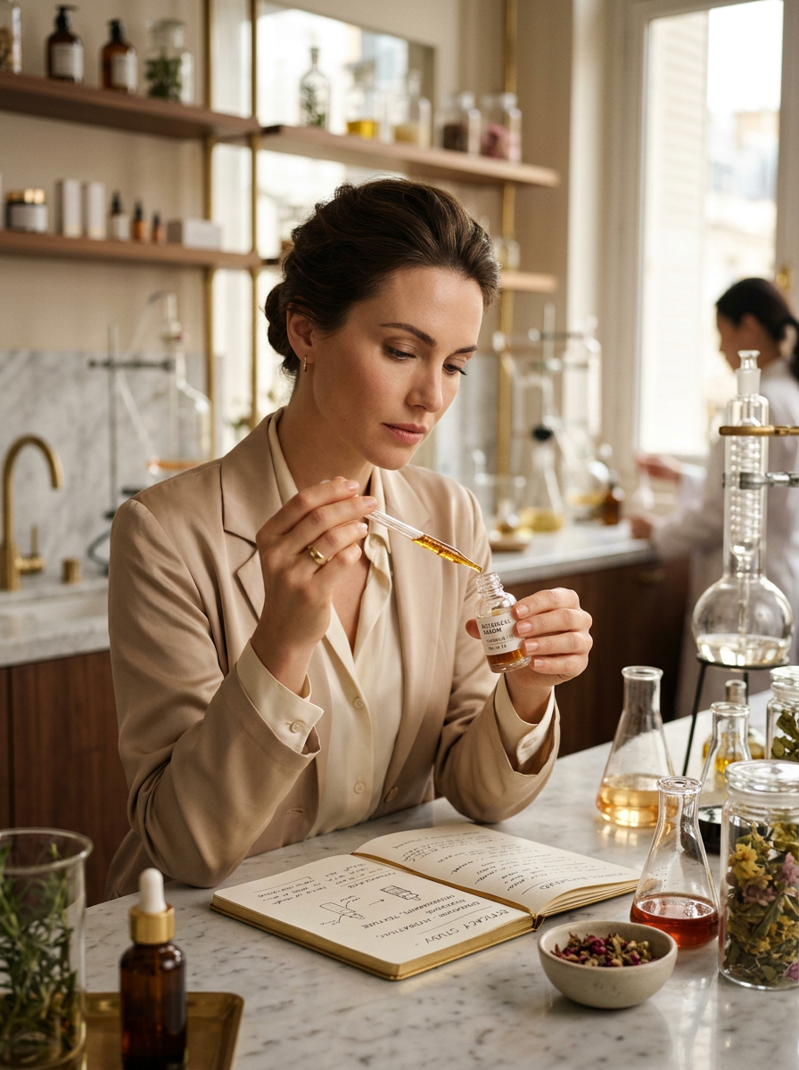 Female skincare researcher analyzing premium beauty products in a luxury cosmetics laboratory to ensure quality, safety, and performance