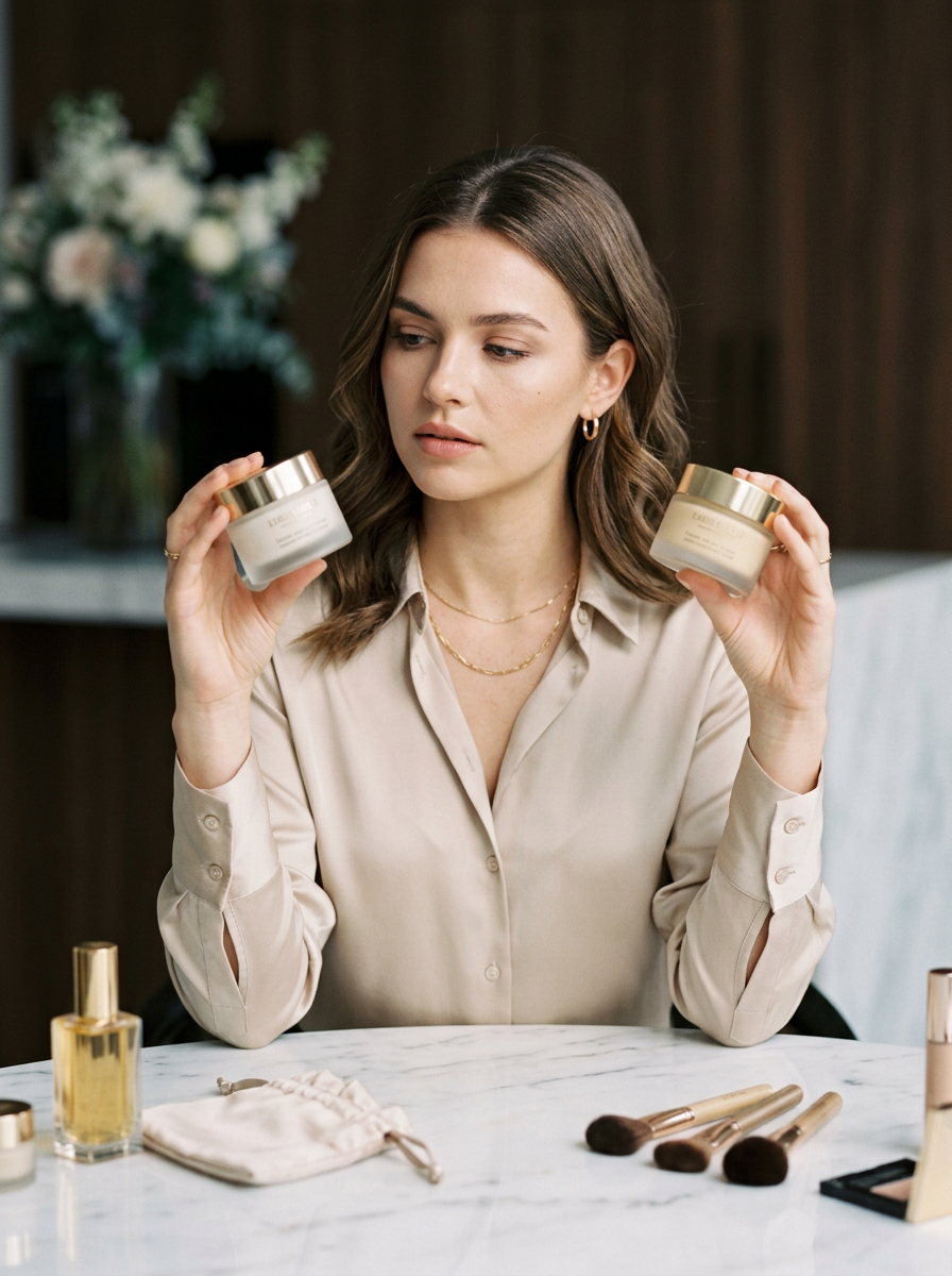 Woman comparing authentic and fake beauty products while shopping for skincare online in the UAE.