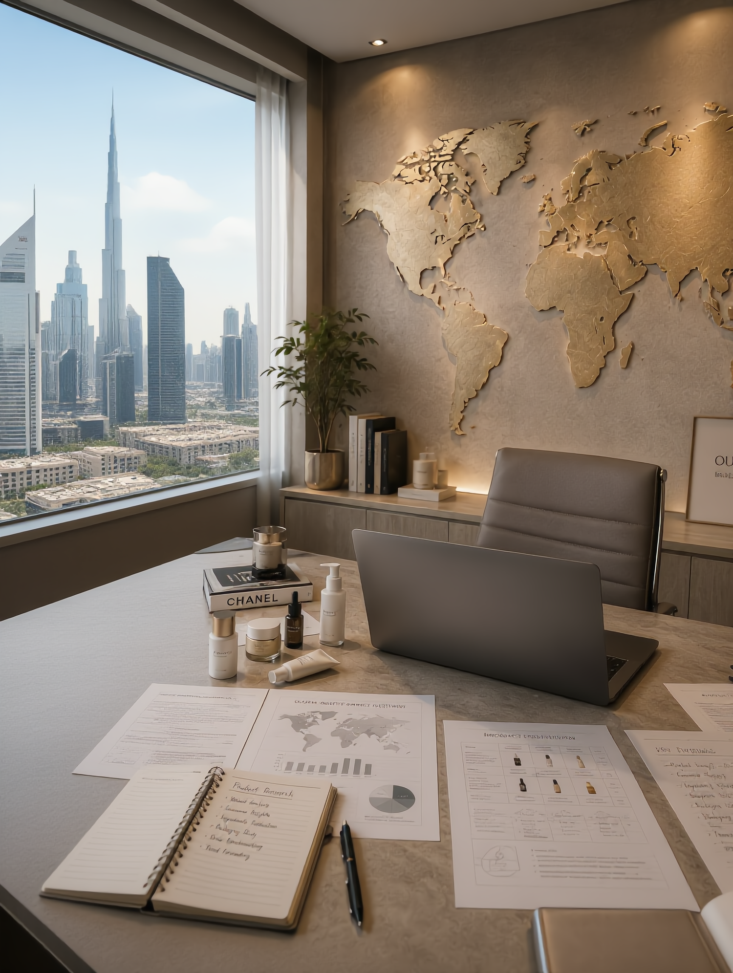 Dubai beauty sourcing office with product research documents, global sourcing workspace, skincare samples and world map wall art.